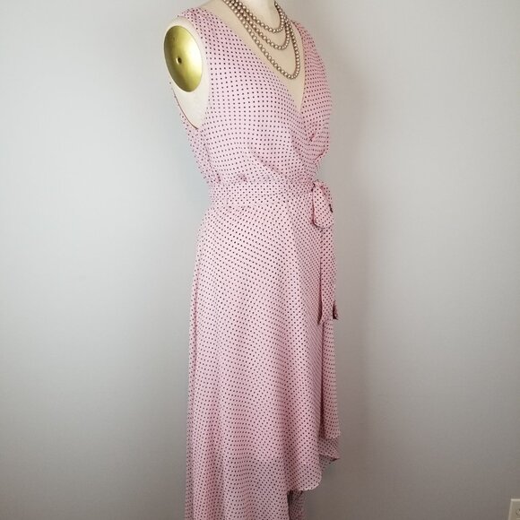 Lapis & Lillies Blush Pink & Black Dot Faux Wrap Chiffon Dress * Small * NEW Tag - Picture 8 of 9